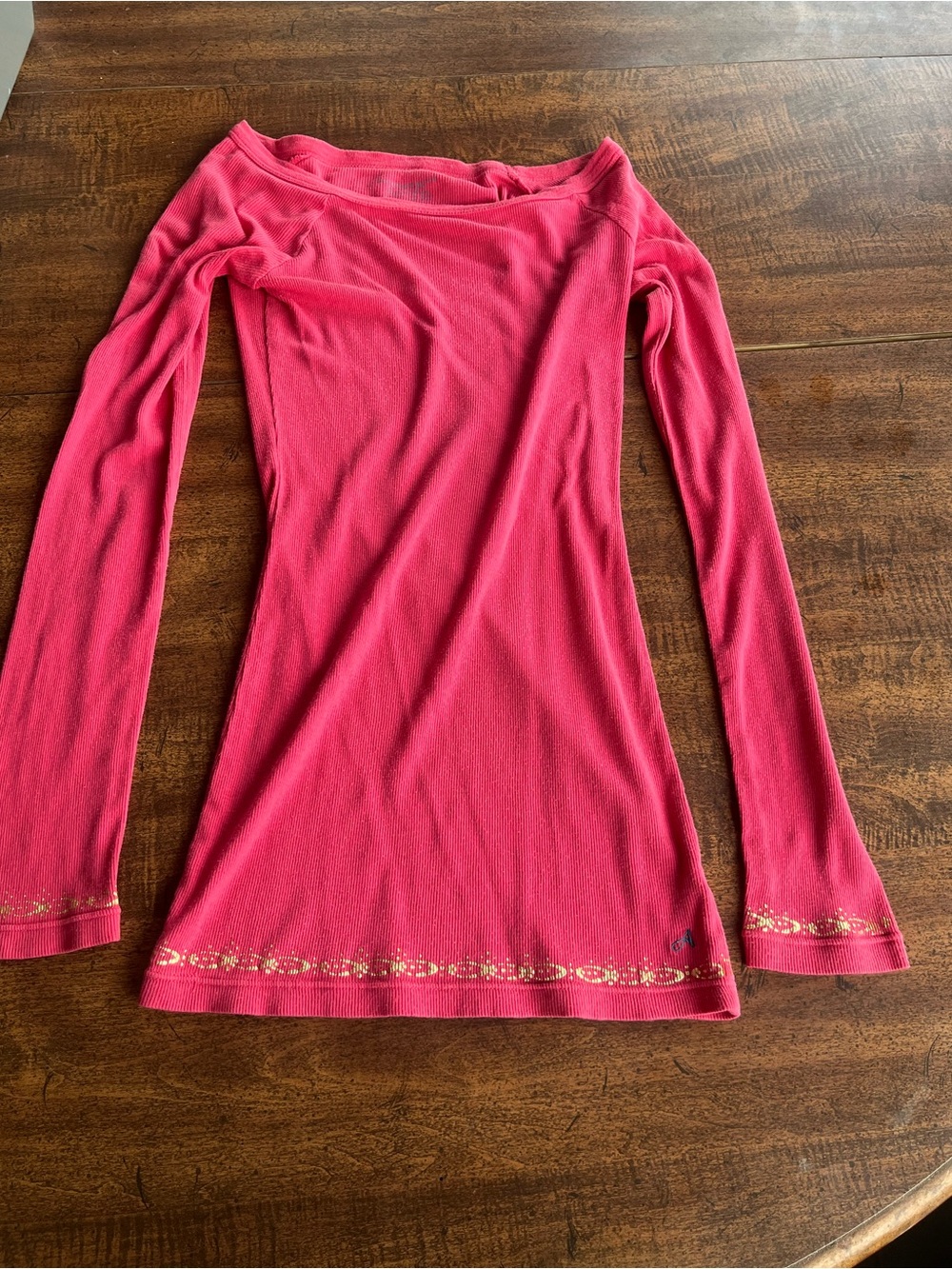Vintage American Eagle Y2K Hot Pink Thermal Top Gold Metallic Trim Coquette Med